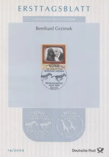 D,Bund Mi.Nr. 14/2009, 100. Geburtstag Berhard Grzimek