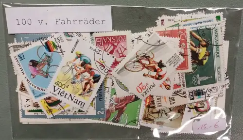 Fahrräder, Paket mit 100 verschiedenen Briefmarken