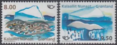 Grönland Mi.Nr. 609-10 NORDEN, Leben am Meer, Eisberg, Robben, Walfluke (2 W.)