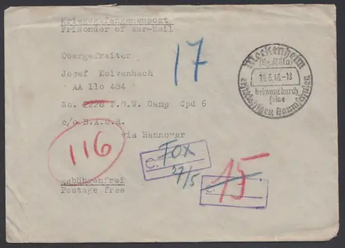 D,All.Bes.,Gem, Kriegsgefangenenpost mit Stempel "Meckenheim" 1946