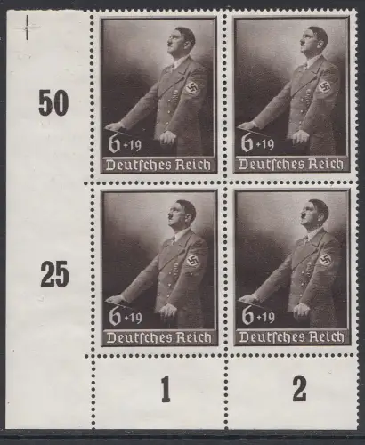 D,Dt.Reich Mi.Nr. 694 Hitler, Tag der Arbeit (6+19), ** Eckrand-Viererblock