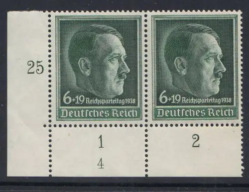 D,Dt.Reich Mi.Nr. 672x Hitler, Reichsparteitag 1938, ** Eckrand-Paar