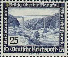 D,Dt.Reich Mi.Nr. 641 Winterhilfsw., Mangfall Brücke waager.Gummiriff. (25+15)