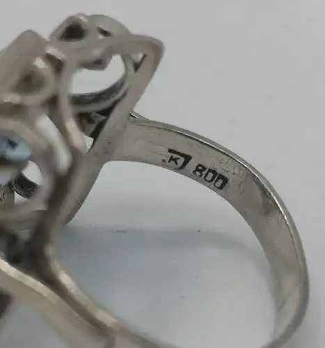 800 Silber Jugendstil Blautopas Ring Pforzheim um 1910 RG57