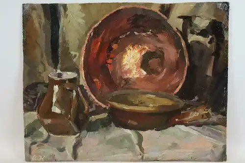Ölgemälde Hafnerware Tischstillleben, Frankreich 1920/30er, monogrammiert