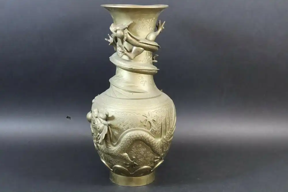 Antike Chinesische Messing Drachen Vase, 46 cm, Gemarkt 0