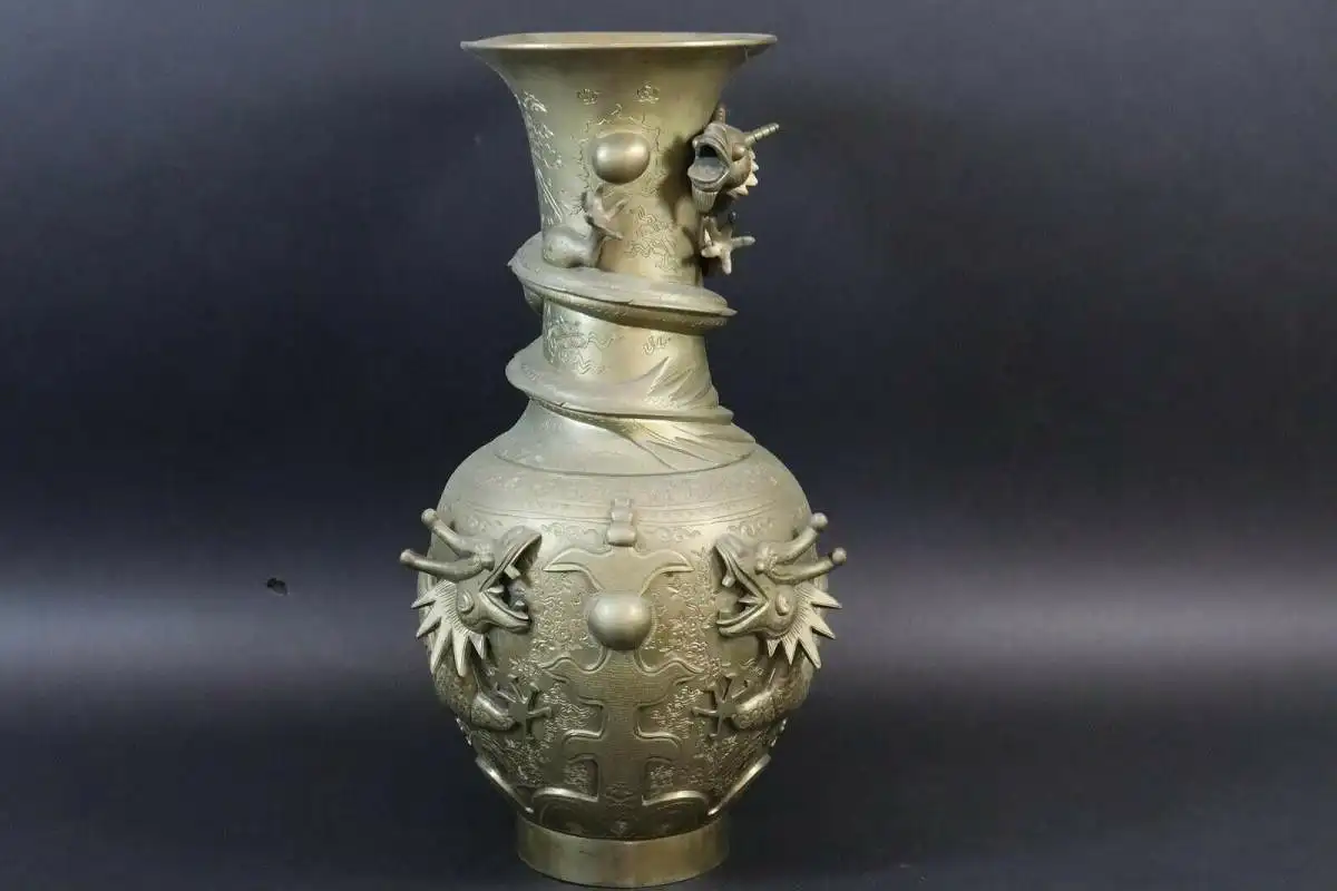 Antike Chinesische Messing Drachen Vase, 46 cm, Gemarkt 1