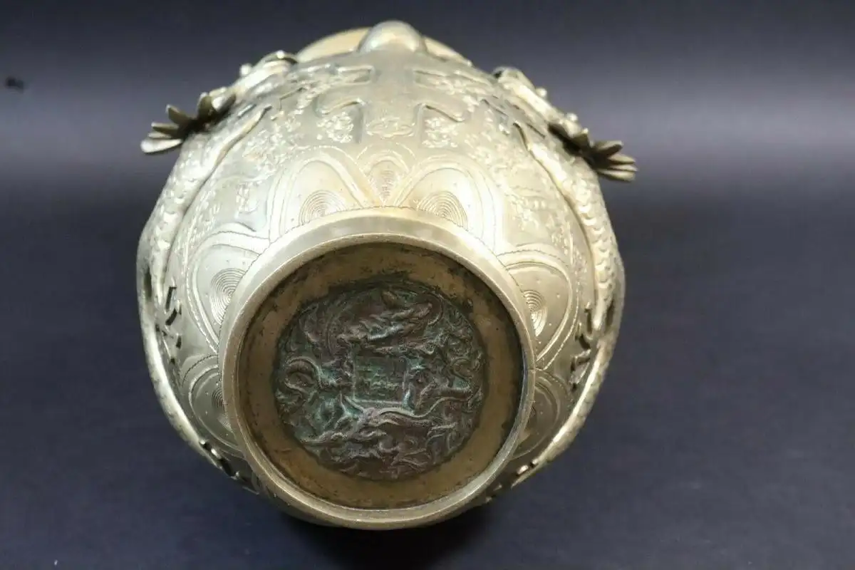 Antike Chinesische Messing Drachen Vase, 46 cm, Gemarkt 10