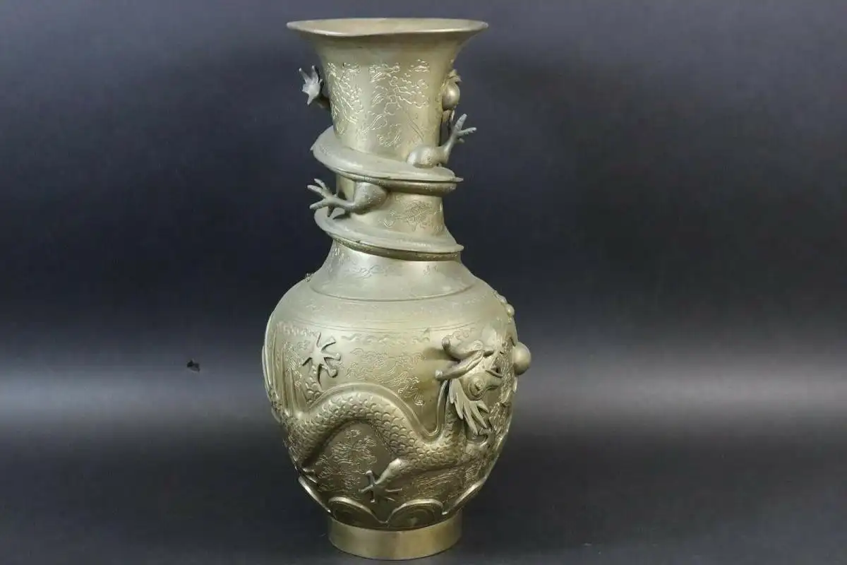 Antike Chinesische Messing Drachen Vase, 46 cm, Gemarkt 2