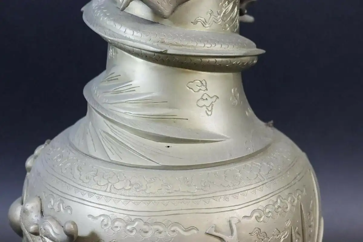 Antike Chinesische Messing Drachen Vase, 46 cm, Gemarkt 5