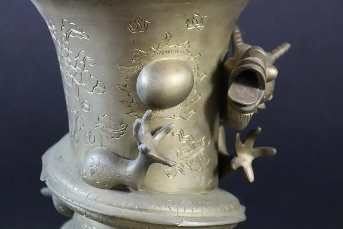 Antike Chinesische Messing Drachen Vase, 46 cm, Gemarkt 8