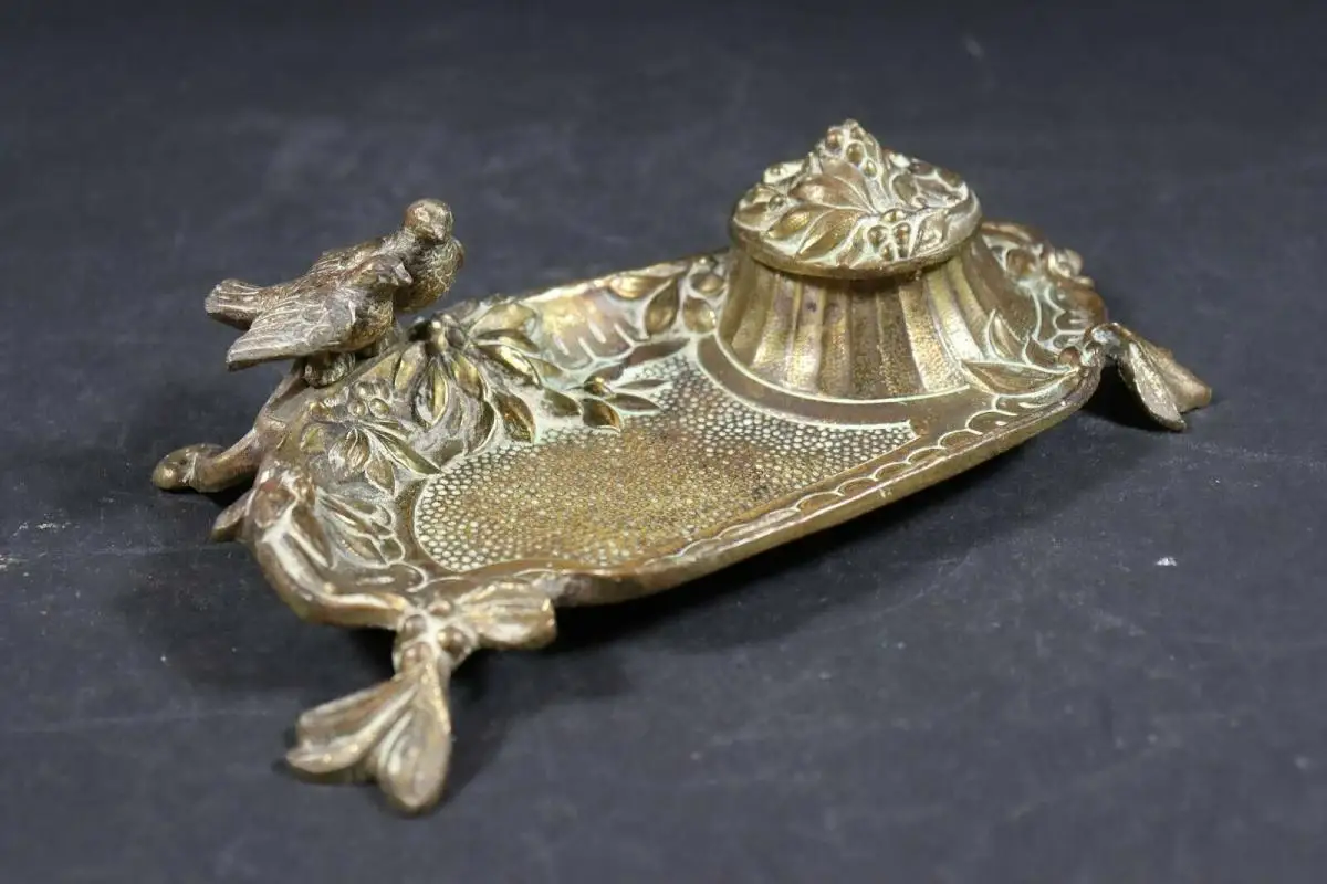Jugendstil Bronze Schreibtisch Set, Vogel Figuren 1