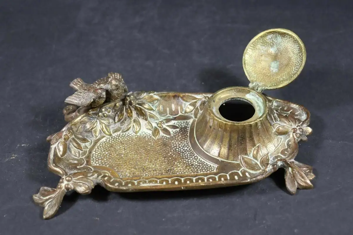 Jugendstil Bronze Schreibtisch Set, Vogel Figuren 7