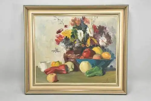 Mid century Tisch Still Leben mit Obst und Blumen