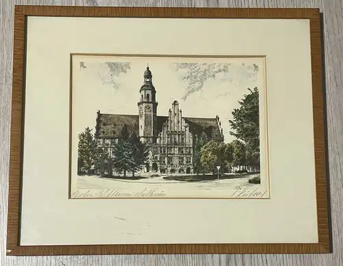 Antiker Druck Berlin Wittenau Rathaus Lithographie Coloriert Signiert mit Rahmen