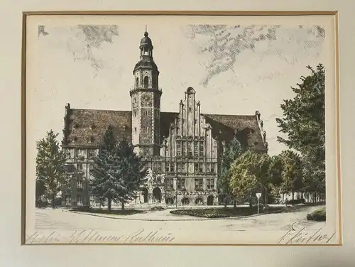 Antiker Druck Berlin Wittenau Rathaus Lithographie Coloriert Signiert mit Rahmen
