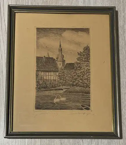 Antike Originale Radierung Schwänenpaar Signiert mit Rahmen