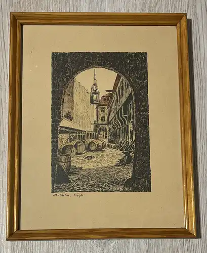 Antiker Kupferstich Alt-Berlin Krögel, Coloriert mit Rahmen