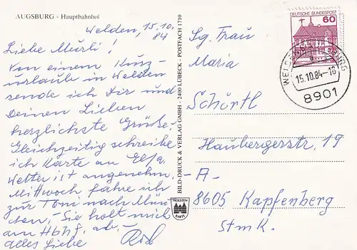 32 - Deutschland - Augsburg , Hauptbahnhof , Auto , Blumen - gelaufen 1984