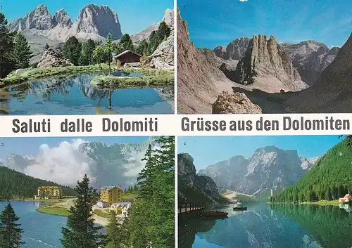 160 - Italien - Südtirol , Dolomiti , Dolomiten , Mehrbildkarte , Passo Pordoi , Catinaccio , Lago di Misurina , Braies - gelaufen 1970