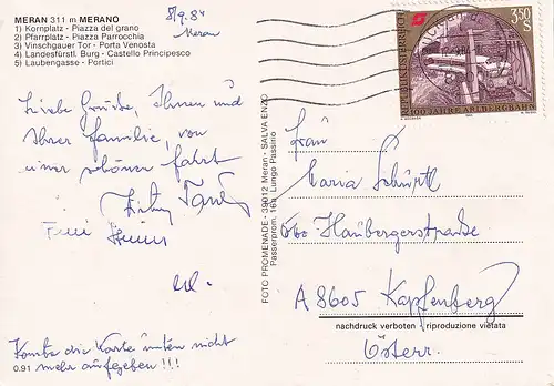 192 - Italien - Meran , Merano , Mehrbildkarte , Kornplatz , Pfarrplatz , Vinschgauer Tor , Landesfürstliche Burg , Laubengasse - gelaufen 1984