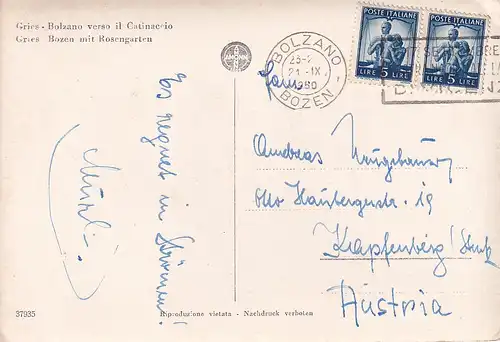 220 - Italien - Bozen , Bolzano , Gries , gegen den Rosengarten - gelaufen 1950