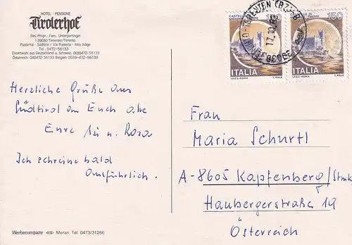 229 - Italien - Südtirol , Terento , Hotel Tirolerhof , Mehrbildkarte  - gelaufen 1983