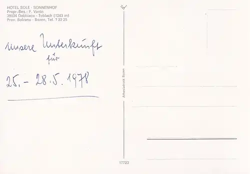 256 - Italien - Südtirol , Dolomiten , Toblach , Dobbiaco , Hotel Sole - Sonnenhof , Auto - nicht gelaufen 1978