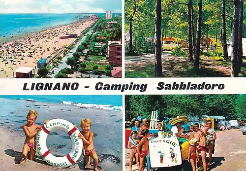 290 - Italien - Lignano Sabbiadoro , Camping , Strand , Mehrbildkarte - gelaufen