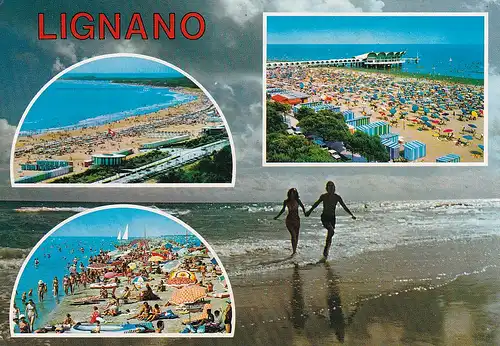 304 - Italien - Lignano Sabbiadoro , Pineta , Mehrbildkarte , Strand - gelaufen 1991
