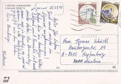 304 - Italien - Lignano Sabbiadoro , Pineta , Mehrbildkarte , Strand - gelaufen 1991
