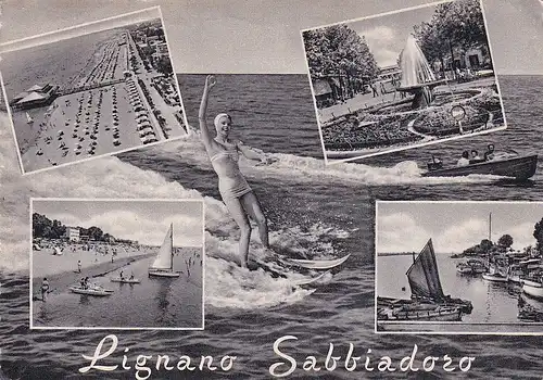 351 - Italien - Lignano Sabbiadoro , Mehrbildkarte , Surferin - gelaufen 1958