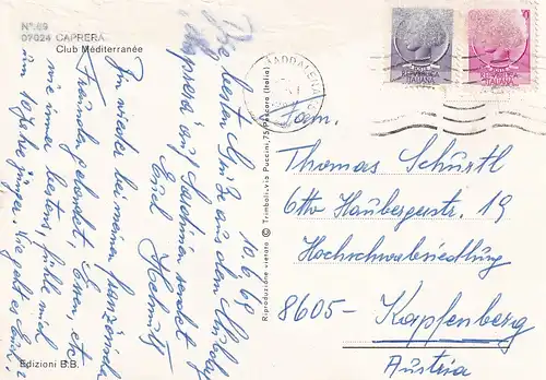 415 - Italien - Caprera , Sardinien , Club Mediterranee , Segelboot - gelaufen 1969