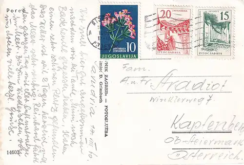 526 - Jugoslawien - Kroatien , Porec , Hotel - gelaufen 1960