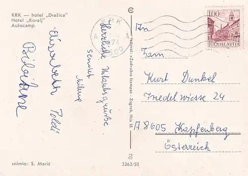 558 - Jugoslawien - Kroatien , Krk , Hotel Drazika , Hotel Koralj , Autocamp , Mehrbildkarte - gelaufen 1974