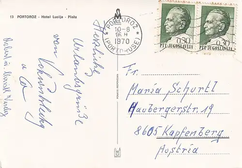 567 - Jugoslawien - Slowenien , Portoroz , Hotel Lucija , Plaza , Strand , Boot - gelaufen 1970