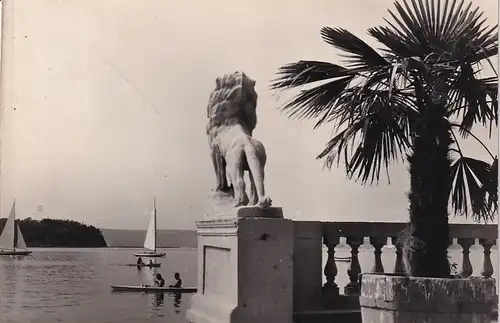 568 - Jugoslawien - Slowenien , Portoroz , Panorama , Löwenskulptur - gelaufen 1958