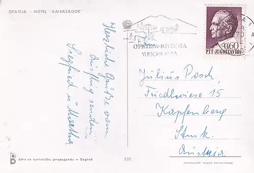 606 - Jugoslawien - Kroatien , Opatija , Hotel Ambasador - gelaufen 1970