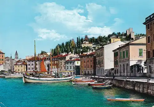 672 - Jugoslawien - Slowenien , Piran , Altstadt , Boot - gelaufen 1961
