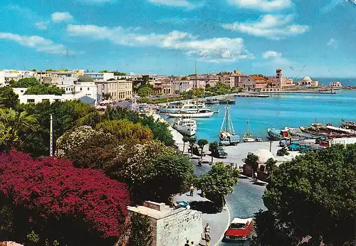 811 - Griechenland - Greece , Rhodos , Rhodes , Ansicht der Stadt , Bucht , Hafen , Boot , Auto - gelaufen 1982