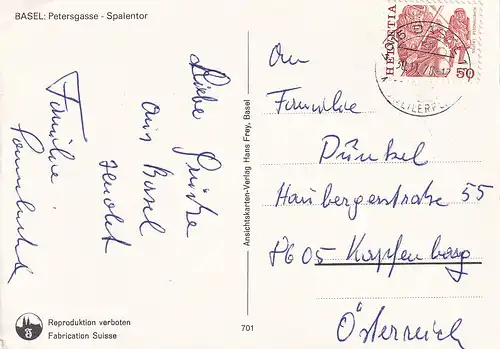 873 - Schweiz - Suisse , Switzerland , Basel , Petersgasse , Spalentor - gelaufen 1978