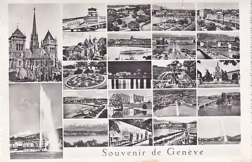 884 - Schweiz - Suisse , Switzerland , Genf , Mehrbildkarte , Springbrunnen , Flugzeug - gelaufen 1959