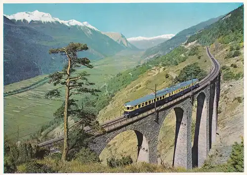887 - Schweiz - Suisse , Switzerland , Wallis , Blauer Pfeil der Lötschbergbahn auf der Südrampe , Zug , Bahn, Brücke - gelaufen 1965