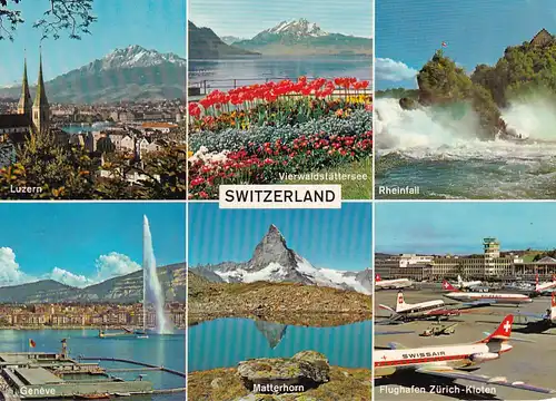 896 - Schweiz - Suisse , Switzerland , Mehrbildkarte , Springbrunnen , Flugzeug , Berg , Blumen - gelaufen 1977