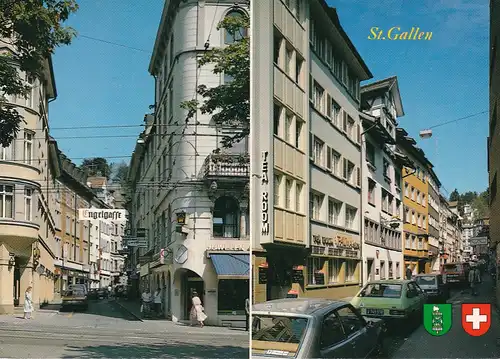 907 - Schweiz - Suisse , Switzerland , St. Gallen , Engelgasse , Metzgergasse Auto - gelaufen 1983