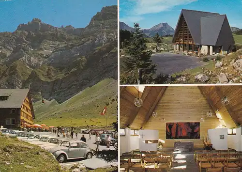 909 - Schweiz - Suisse , Switzerland , Appenzell , Schwägalp , Säntis , Talstation , Bergkapelle mit Stockberg , Auto , Käfer - gelaufen