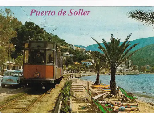 1085 - Spanien - Mallorca , Baleares , Soller , Detalle del Puerto , Straßenbahn , Auto , Strand - gelaufen 1981