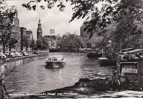 1131 - Holland - Amsterdam , Bloemenmarkt Singel met Munttoren , Blumenmarkt , Münzturm , Boot - gelaufen 1958