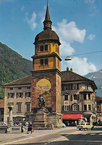 1160 - Schweiz - Suisse , Switzerland , Uri , Altdorf , Wilhelm Tell Denkmal , Auto - gelaufen 1968