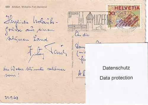 1160 - Schweiz - Suisse , Switzerland , Uri , Altdorf , Wilhelm Tell Denkmal , Auto - gelaufen 1968